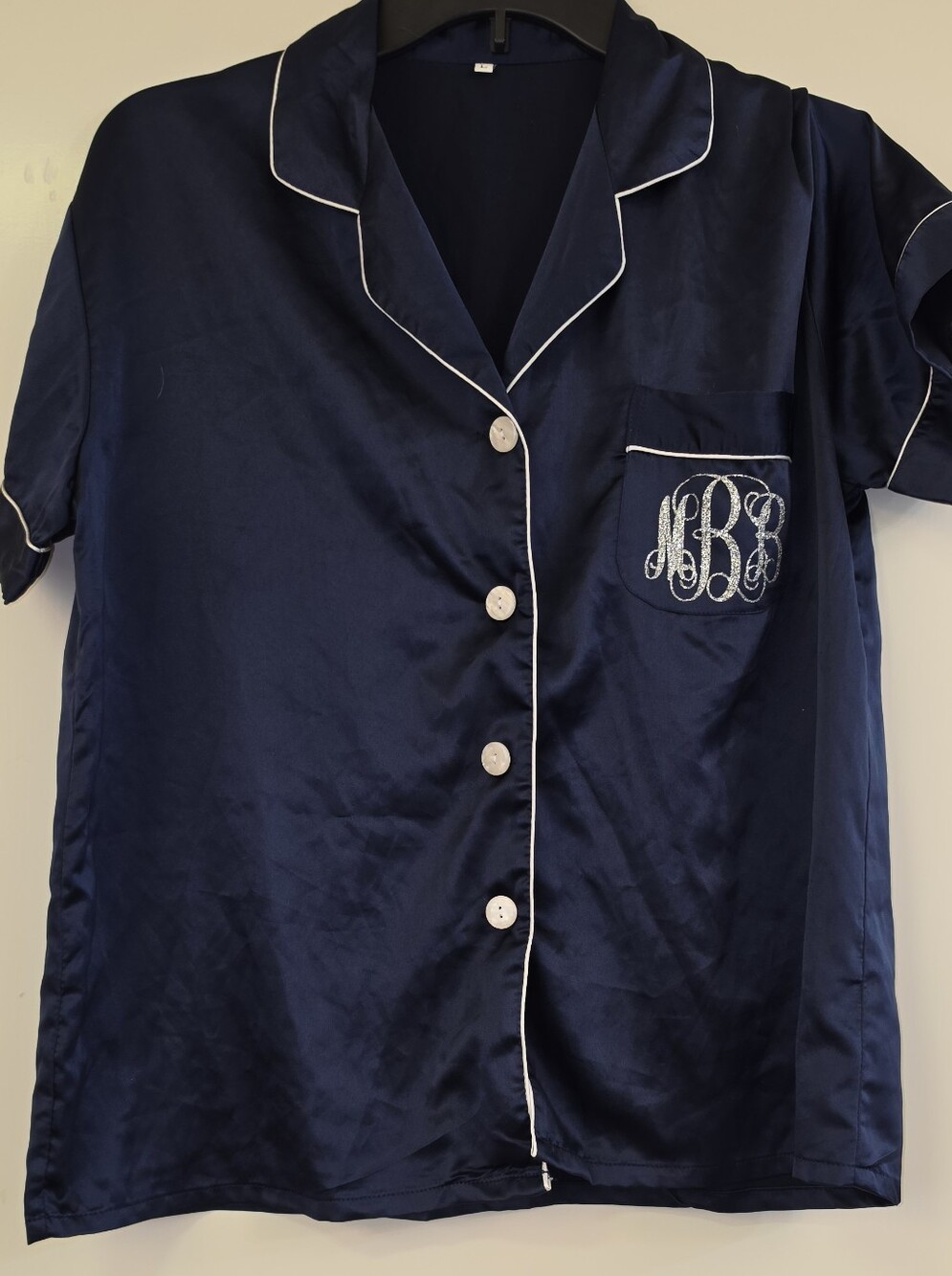 Monogrammed Navy Bridesmaid Pajama Top with White Piping